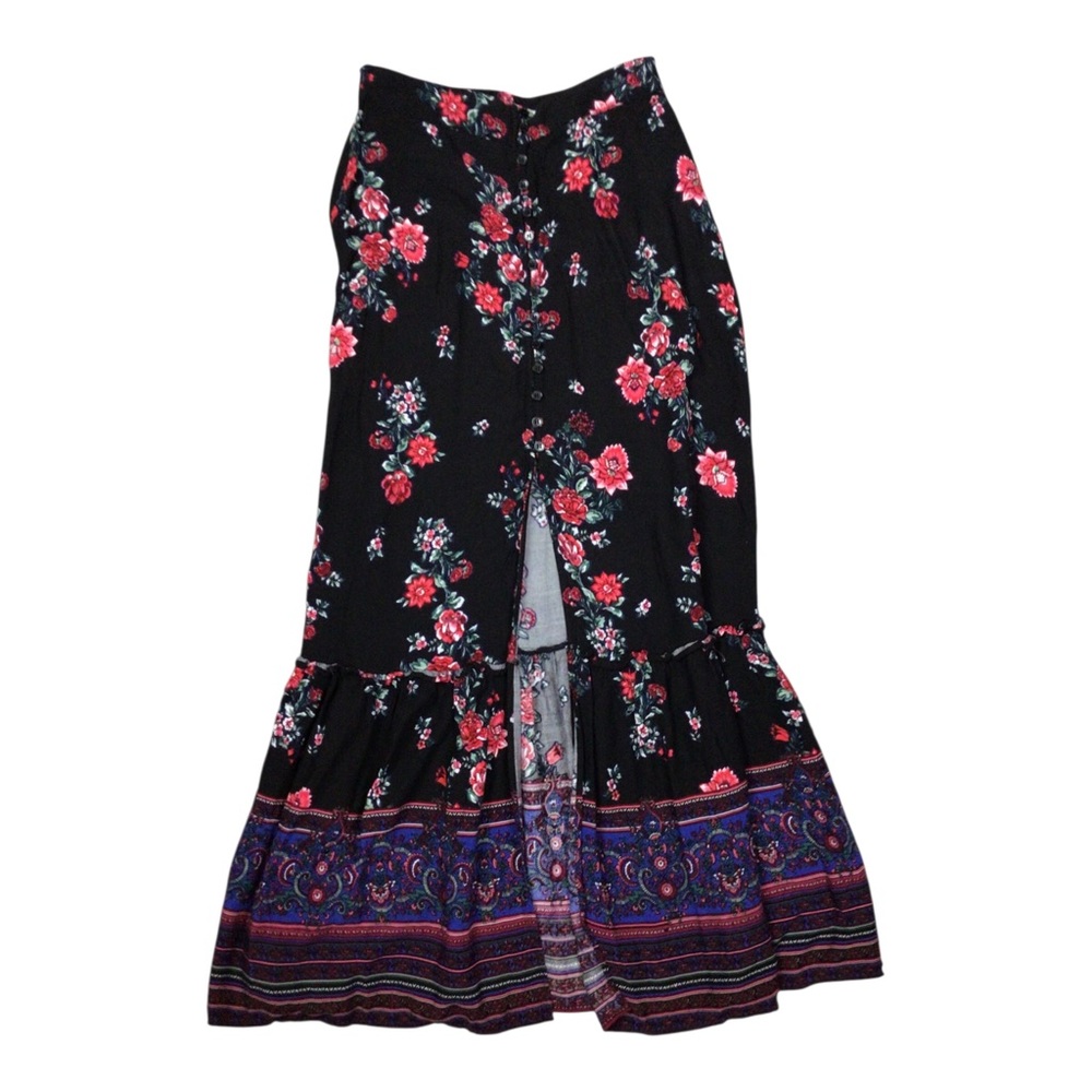 Band of Gypsies Floral Button-Front Black Maxi Skirt with Ruffled Hem Medium